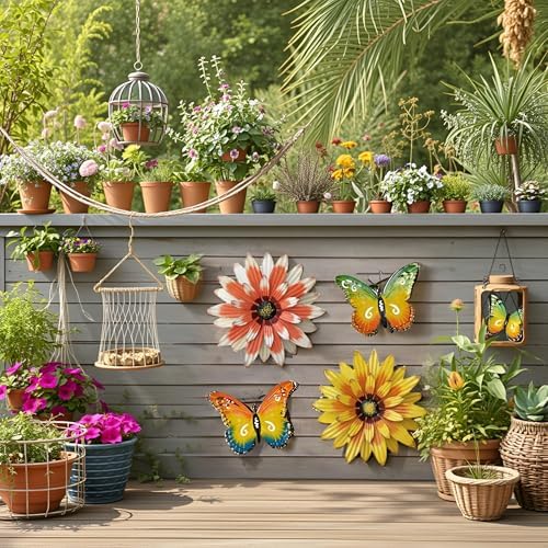 Meduofon Metal Flowers Outdoor Wall Decor, 4 Pack Metal Flower & Butterfly Wall Art Decor Outdoor or Indoor, Wall Sculptures for Deck Decor, Garden Fence, Yard, Patio, Porch, Bedroom, Living Room - Image 3