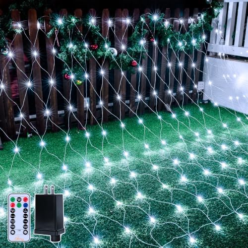 Ollny Net Lights Outdoor Mesh Lights IP67 Waterproof, 210LED 10x7ft Cool White Christmas Net Lights, Connectable Remote 8 Modes Tree Light for Bushes Shrubs Lawn Indoor Decorations by Ollny