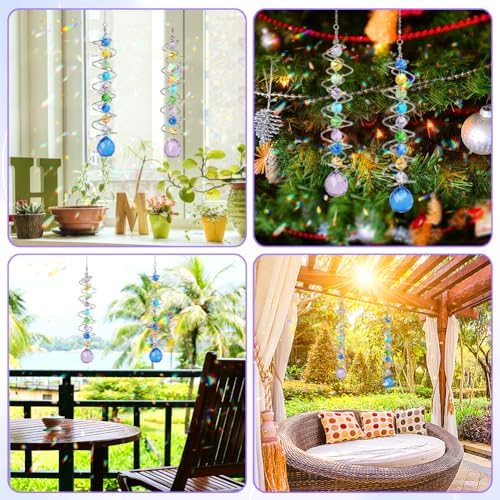 Sun Catchers, 2pcs Gazing Ball Spiral Tail Wind Spinners Crystal Suncatcher Prism Hanging Crystals Rainbow Maker for Windows Indoor Outdoor Garden Car Decorations Christmas Party Gifts for Girls Women - Image 4