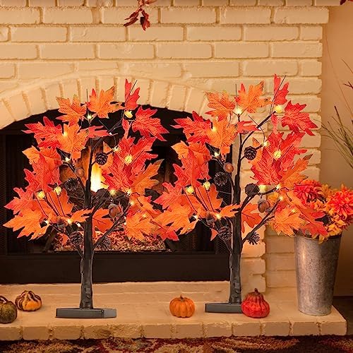 YEAHOME Fall Decorations for Home, 2 Pack 24”/2FT Lighted Fall Maple Leaves Tree with Warm White LEDs Autumn Decor, Pine Cone, Acorn Ornaments Battery Powered Timer for Thanksgiving - Image 6
