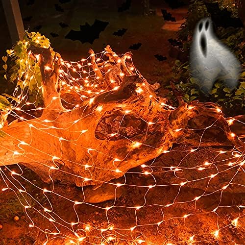 LJLNION Halloween Net Lights, 360 LED 12ft x 5ft Connectable Mesh Fairy String Lights,8 Modes Low Voltage Safe Adaptor for Xmas Trees, Bushes, Wedding, Outdoor Garden Decorations, Orange by LJLNION