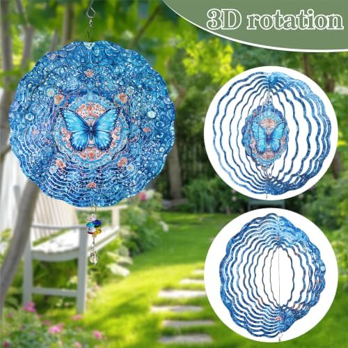 10 Inch 3D Butterfly Wind Spinner with Crystal Pendant, Renyalora Blue Metal Mandala Hanging Spinner, Kinetic Wind Sculpture for Outdoor Yard, Garden, Patio, Balcony Decor - Image 4