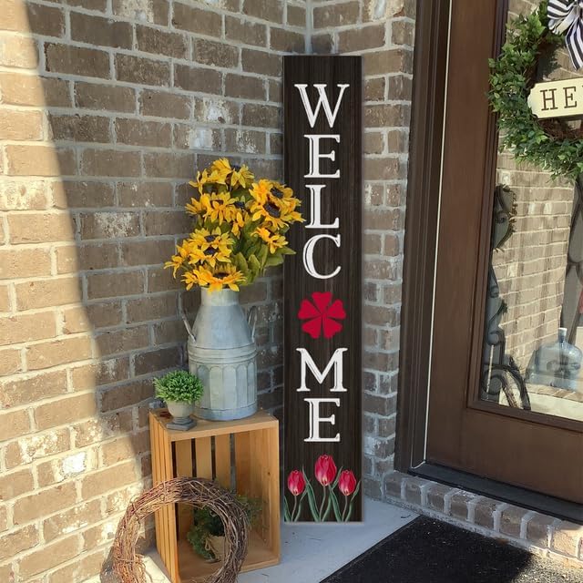 Spring Welcome Red Flower Porch Board 20x120cm Welcome Sign and Porch Leaner for Front Door Porch Deck Wall Indoor Outdoor Spring & Summer Rustic Vertical Porch Yard Decor - Image 3
