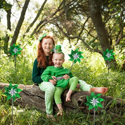 Hausse 10 Pack Reflective Pinwheels Holiday Decor (Assembly Required), Sparkly Wind Sculptures for St. Patrick's Day Decorations Party Supplies, Scare Birds Away from Garden Yard Patio Farm, Green - Image 3