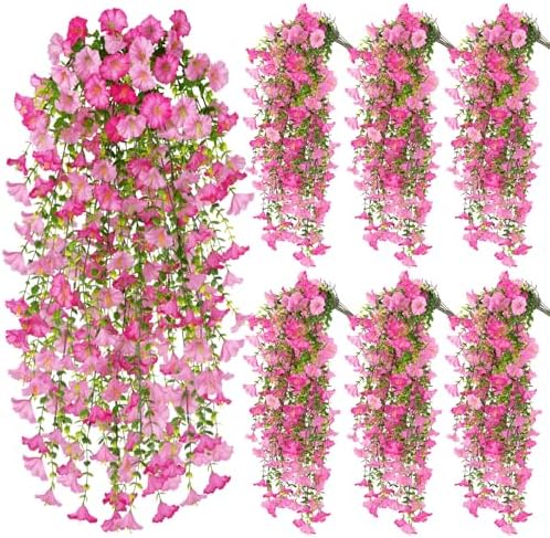 6 Pcs Artificial Hanging Flowers 30 Inch Gradient Pink Ombre Morning Glory Vines UV Resistant Fake Hanging Plants Silk Hanging Flowers for Outdoor Spring Summer Garden Window Box Home Decor by Sariiraw