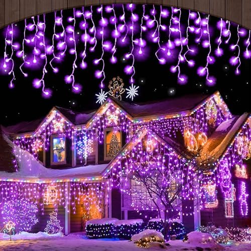 YiYLunneo Halloween Icicle Lights Outdoor, 512 LED 46.5 FT 8 Lighting Modes with Timer & Memory, Curtain Fairy String Lights with 96 Drops for Halloween Decorations Holiday Party Eaves Yard (Purple) by Unknown