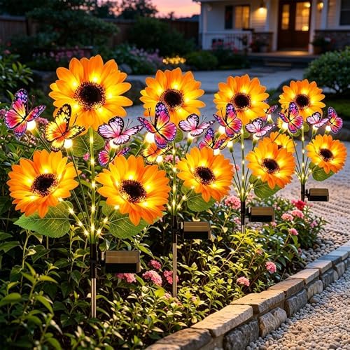 Solar Lights Outdoor Decorative, Upgraded 4 Pack Flowers with 16 Butterflies, Brighter Waterproof Garden Decor for Yard Lawn Pathway, Mom Women Grandma Gift by BONLION