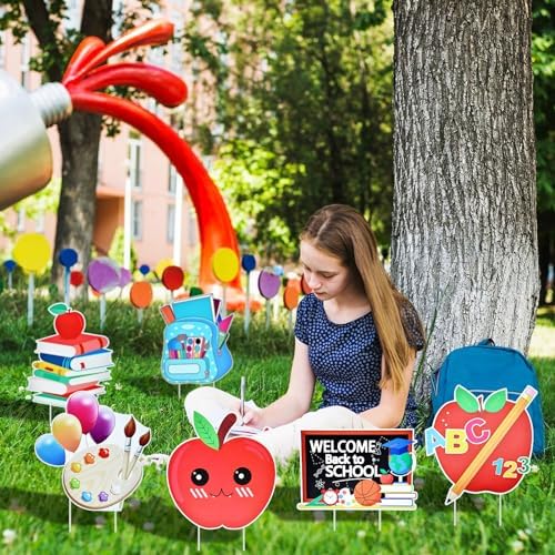 10-Piece Set Back to School Yard Signs with Stakes, Assorted Apple, Owl, and School Bus Designs for Outdoor Garden and Lawn Decoration, 11.7 x 11.8 Inches Plastic Signs for Welcome School Party Favor - Image 4