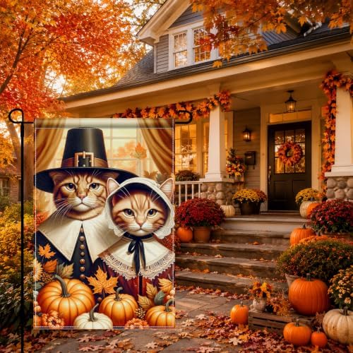 BlissYard Thanksgiving Garden Flag Pilgrim Cats Pumpkin 12x18 Inch Decor - Image 2