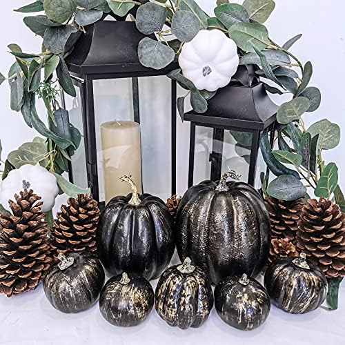 Winlyn 7 Pcs Assorted Artificial Gold Brush Black Pumpkins Rustic Decorative Halloween Faux Foam Pumpkins for Fall Halloween Thanksgiving Tabletop Centerpiece Mantel Kitchen Decor - Image 7