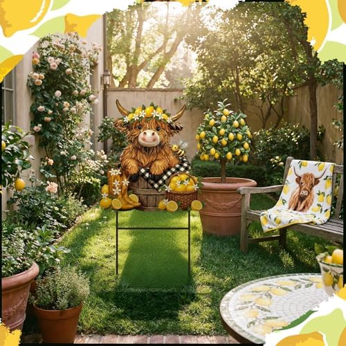 Amyhill Lemon Highland Cow Outdoor Decor Summer Lemon Garden Metal Stakes Decorative Highland Calf Lovers Yard Signs with Stakes for Summer Farmhouse Holiday Garden Lawn Decor - Image 4