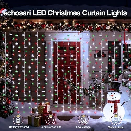 echosari Red White and Green Christmas Curtain Lights Battery Operated - Image 2