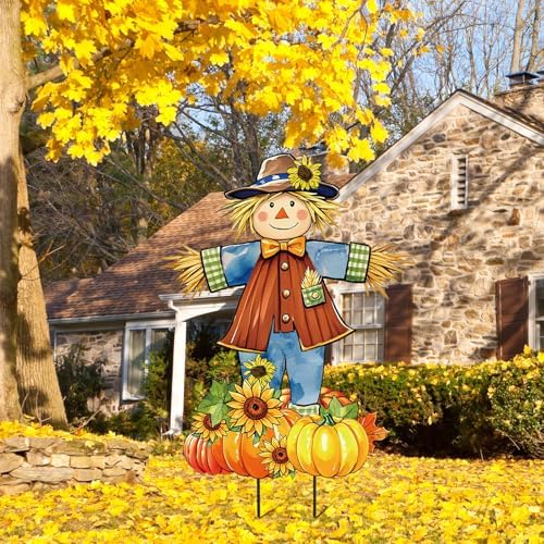 JarThenaAMCS 33" H Fall Large Scarecrow Metal Garden Stakes Rustic Pumpkin Pile Scarecrow Decorative Lawn Sign for Autumn Thanksgiving Home Outside Lawn Porch Decor - Image 4