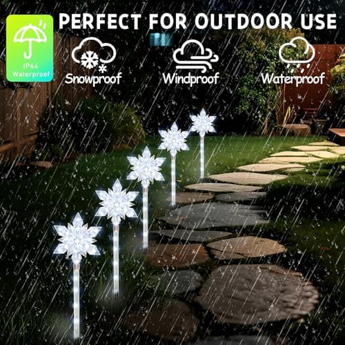 Snowflake Solar Christmas Pathway Lights, Set of 5 LED Outdoor Stake Lights, Waterproof Christmas Decorations for Garden, Yard, Lawn, Walkway, Patio Decor (5pcs Cold White) - Image 4