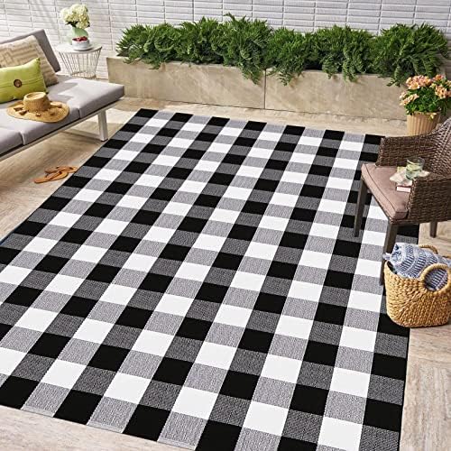CAINANEL Buffalo Plaid Rugs 5' x 7' Cotton Black and White Check Rug Hand-Woven Indoor/Outdoor Area Rug for Welcome Door Mat, Front Porch,Kitchen,Bathroom,Entry Way,Living Room by CAINANEL