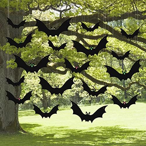 (18 Pcs) Hanging Bats Halloween Decoration Outside, Large Flying Plastic Bats Outdoor Decor, 3 Different Sizes with Cute Eye Stickers for Hanging in The Tree, Porch, Yard, Lawn, Indoor by HaWeier