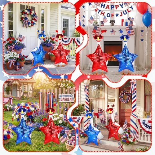 Abbylike 2 Set 4th of July Porch Goose Outfit 250th Red Blue Disco Sequin Star Yard Goose Costume Clothes Fits Large 23'' Cement for Independence Day American Patriotic Statue Patio Garden Art Decor - Image 6