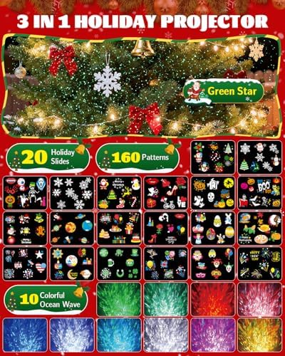 Christmas Projector Lights Outdoor, 3 in 1 Holiday Projector Light with Green Star, 20 HD Slides, 160 Pattern, 10 Ocean Wave, Christmas Light Projector Outdoor with Timer for Party Patio Decoration - Image 2