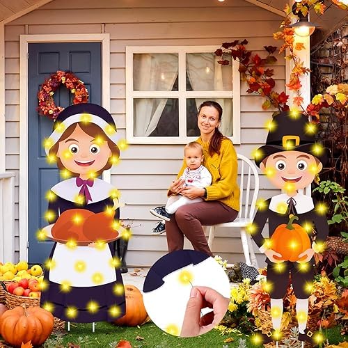 Soaoo 2 Pack Thanksgiving Pilgrim Couple Yard Signs with LED String Light Outdoor Fall Yard Decorations with Stakes Pumpkin Thanksgiving Lawn Garden Sign for Harvest Party Decorations, 32 x 12 Inch - Image 5