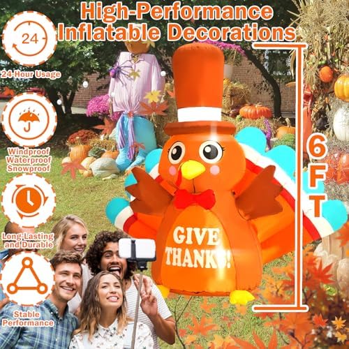 6FT Thanksgiving Inflatable Outdoor Decoration Turkey Inflatable Patio Decoration with Built-in LED Lights, Suitable for Thanksgiving Holiday Party, Patio, Lawn, Garden Winter Decoration - Image 3