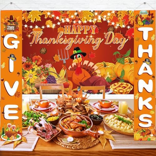 Thanksgiving Banners with 3 Pcs 71x43 Inch Happy Thanksgiving Backdrop & Give Thanks Porch Signs Hanging Ribbon for Door/Wall/Yard Decorations, Fall Party Supplies, Photography Background by LifeisLuck
