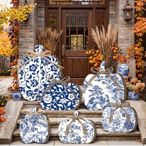Moucuny Set of 6 Outdoor Fall Decoration for Porch Home, Porcelain Pumpkin - Image 2