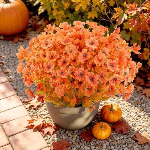 AmyHomie 16 PCS Artificial Fall Flowers for Outdoors, Orange Fake Mums - Image 2