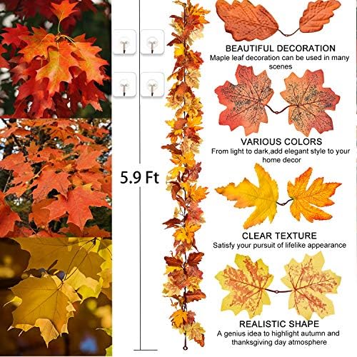 Fall Garland Maple Leaf, 2 Pack 5.9Ft/Piece Hanging Vine Artificial Autumn Foliage Garland Thanksgiving Decor for Home Wedding Fireplace Party Christmas - Image 3