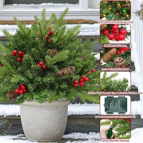 Timer 2 Pack Outdoor Christmas Tree Urn Filler 24 Inch Artificial Xmas Tree withPinecones Red Berries Tripod Stake Warm White & Colorful Lights Battery Operated 8 Mode Porch Decor Pathway Holiday Yard - Image 4