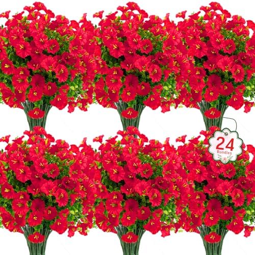 Ouddy Decor 24 Pcs Artificial Morning Glory Flowers for Outdoors, Red by OuddyDecor