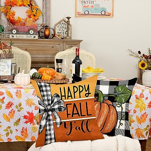 GEEORY Fall Pillow Covers 18 x 18 Inch Set of 4, Buffalo Bowknot Pumpkin Maple Leaf Decorative Throw Cushion Cases Farmhouse Thanksgiving Decor Indoor Decoration for Home Sofa Couch (Orange) 392-18 - Image 5