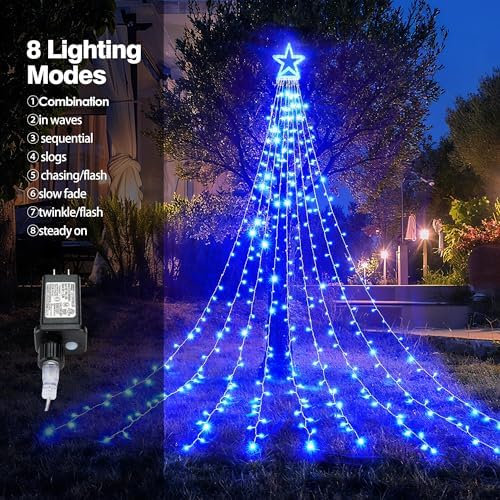 BlcTec Outdoor Christmas Decorations 317 LEDs Christmas Lights with 9 Strands 11.9ft Waterfall Christmas Tree Lights, 8 Modes, UL Certified, Waterproof, Topper Star & Timer for Yard Patio Décor, Blue - Image 2