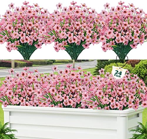 24 Pcs Artificial Flowers for Outdoor, Plastic Fake Flowers Decor, Pink by Lnoicy