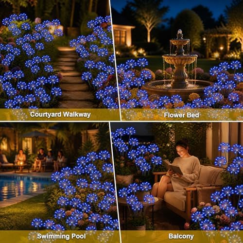 Solar Garden Lights Outdoor, Upgraded Solar Swaying Starburst Light Waterproof with 2 Modes, Solar Fairy Firework Lights for Yard Patio Pathway Flowerbed Balcony Garden Decoration (Blue, 2 Pack) - Image 6