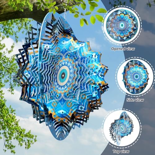Aoedelyart Wind Spinners Outdoor Mandala Peacock Evil Eye‌,12In Stainless Steel Wind Spinner Hanging Garden Decor,Garden Gifts for Women,Men,Mother,Father,Wind Sculptures 3D Kinetic Yard Art Ornament - Image 5