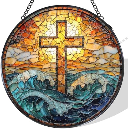Coastal Beach Cross Stained Glass Window Hanging Suncatcher, Christian Ocean Wave Sun Catcher Indoor Window Decor Gifts, Religious Painted Glass Round Wall Hanging Decorations 7.8x7.8 in by Unknown