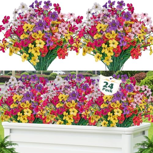 24 Pcs Artificial Flowers for Outdoor, Plastic Fake Flowers Decor, 6 Color by Lnoicy
