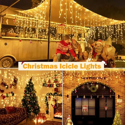 Ollny Icicle Lights for Outside 720LED 60FT, Warm White Christmas Lights with Remote 8 Modes Dimmable, Waterproof Connectable Timer Hanging Light for House Outdoor Yard Indoor Decorations - Image 6