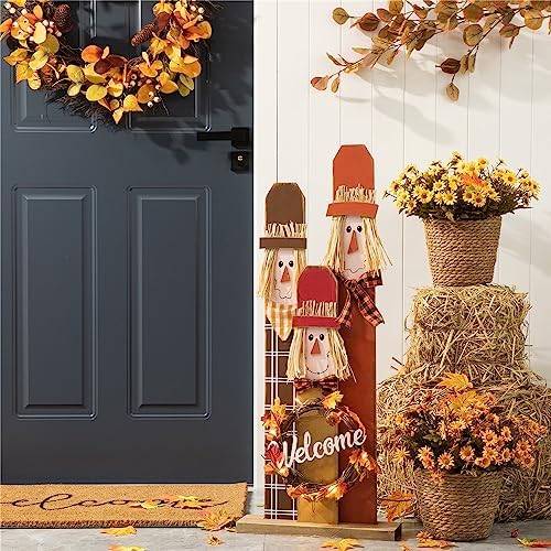 Glitzhome Fall Wooden Scarecrow Family with Wreath Porch Decor, Rustic Fall Harvest Scarecrow Yard Sign, Farmhouse Porch Sign Standing Decor for Fall Harvest Autumn Thanksgiving by Glitzhome