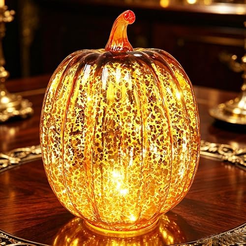 Fall Decorations for Home,Mercury Glass Pumpkin Lights with Timer(Gold) - Image 2