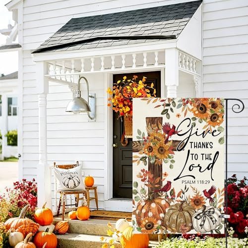 Baccessor Give Thanks To The Lord Garden Flag 12.5x18 Inch Double Sided,Cardinal Cross Thanksgiving Day Outside Outdoor Seasonal Burlap Pumpkin Flags Home Patio Front Yard Lawn Decoration - Image 3