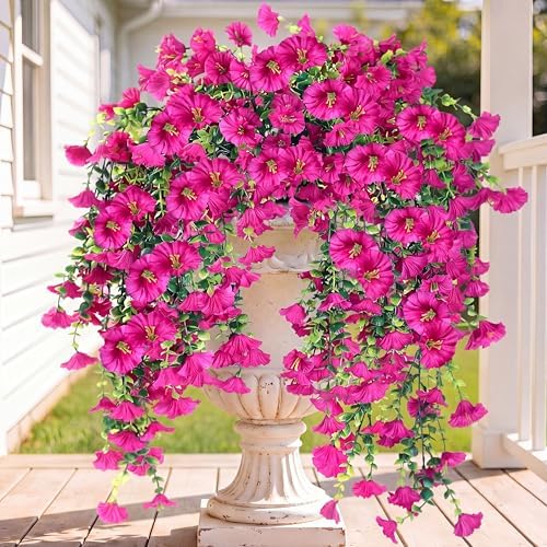 Sggvecsy Artificial Fake Hanging Flowers Plants for Outdoor Outside Spring Summer Decoration 2PCS Faux Silk UV Resistant Realistic Morning Glory with Eucalyptus for Home Porch Patio Balcony(Magenta) by Sggvecsy