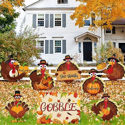 Whaline 8Pcs Thanksgiving Gobble Turkey Yard Signs with 16Pcs Stakes Give Thanks Outdoor Lawn Decorations Signs Waterproof Turkey Pumpkin Decor for Fall Autumn Thanksgiving Turkey Party Supplies - Image 5