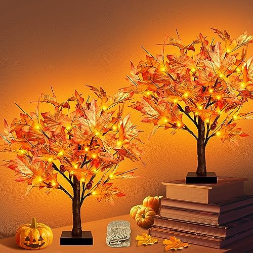 FastDeng 1.5FT Lighted Maple Tree, Artificial Fall Maple Tree with 36 LED Lights, 72 Leaves,6 Acorns, Autumn Tabletop Tree with Burlap Base for Indoor Fall Harvest, Thanksgiving Decorations (2Pack) by FastDeng