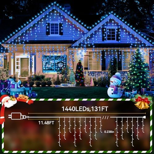 131FT Christmas Lights Outdoor 1440 LED Christmas Decorations Waterproof Plug in with 8 Modes & Timer Christmas Lights for Roof Party Garden Holiday Decor (Blue) - Image 2