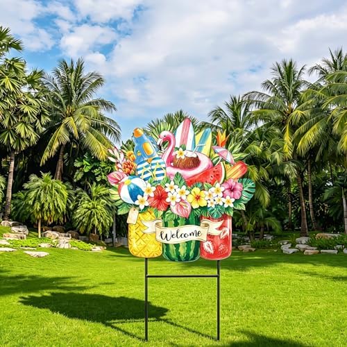 Amyhill Summer Tropical Outdoor Decor Garden Stakes Metal 25 Inch Hawaiian Luau Welcome Yard Signs Decorations Outdoor Tropical Decorative Garden Stakes Patio Lawn Walkway Backyard Porch Decorations - Image 4
