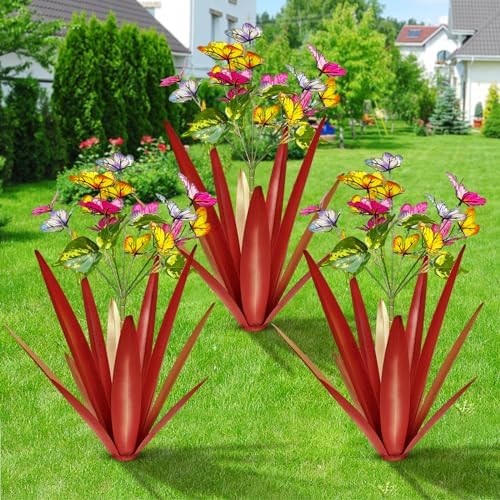 TOMBABY Garden Outdoor Butterfly Enlarge Thickened Wind Resistant Metal Agave Garden Art Metal Plant Country Sculpture Statue Decorations Ornaments Artificial Waterproof Butterflies(red 3pcs) by TOMBABY