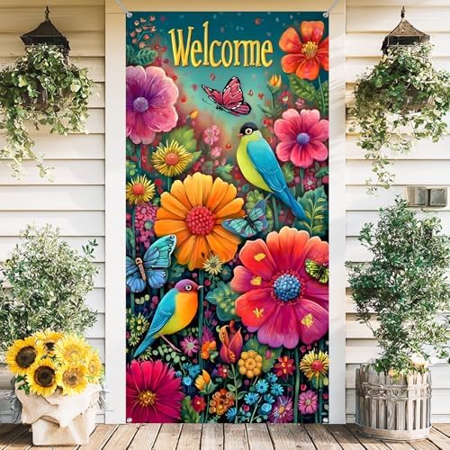 Front Door Covers Decorative, Spring Flower Design Door Curtain 70.8 x 35.4 Inch for Porch Outdoor Indoor Home Decor (Colorful-234) by AOHMPT