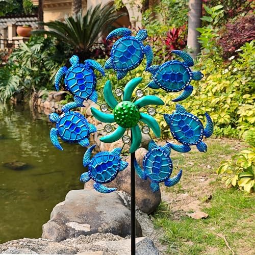 39" Sea Turtle Wind Spinners Garden Stake,Outdoor Ocean Theme Wind Sculpture Decorations for Patio,Lawn-Blue - Image 6