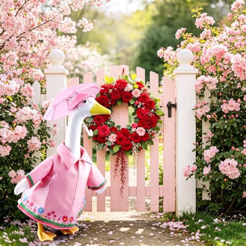 Raincoat Porch Goose Outfits, Summer Lawn Goose Raincoat Costume, Spring Outfit Yard Goose Rain Coat Clothes with Umbrella Hat Fits 23” Geese Statue for Patio Garden Outdoor Decorations (Pink) - Image 4